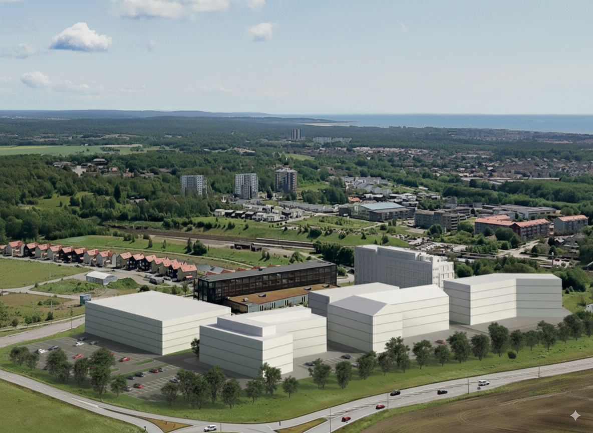 Arkitektritning med fem vita stora byggnader inom ett område.